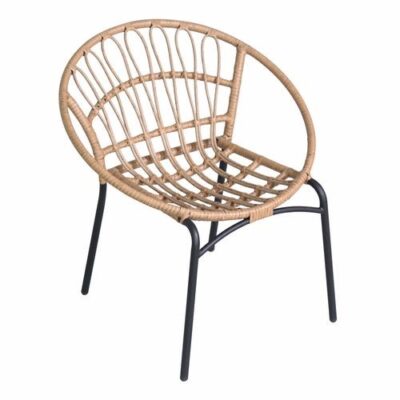 Round wicker chair in tan rattan with black metal legs