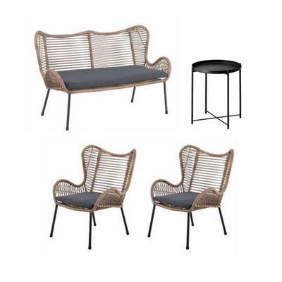 Rattan outdoor sofa and armchairs with grey cushion and black side table
