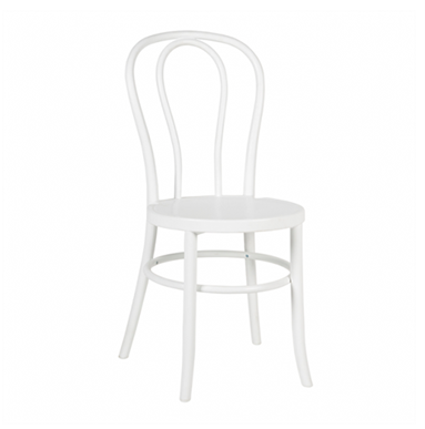 White bentwood chair featuring a curved back and round seat.