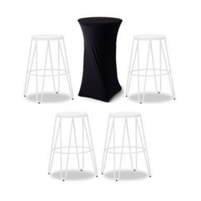 Bar table with black lycra cover and white salt stools available for hire from Salters Hire Tasmania