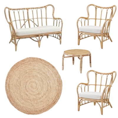 Set of wicker furniture, including a 2 seater and two single armchairs with a white cushion.